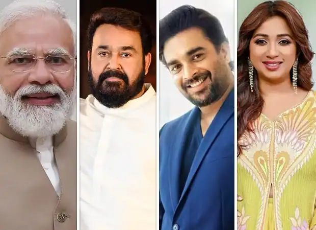 Prime Minister Narendra Modi with actors Mohanlal, R. Madhavan, singer Shreya Ghoshal, and other public figures supporting the anti-obesity campaign.