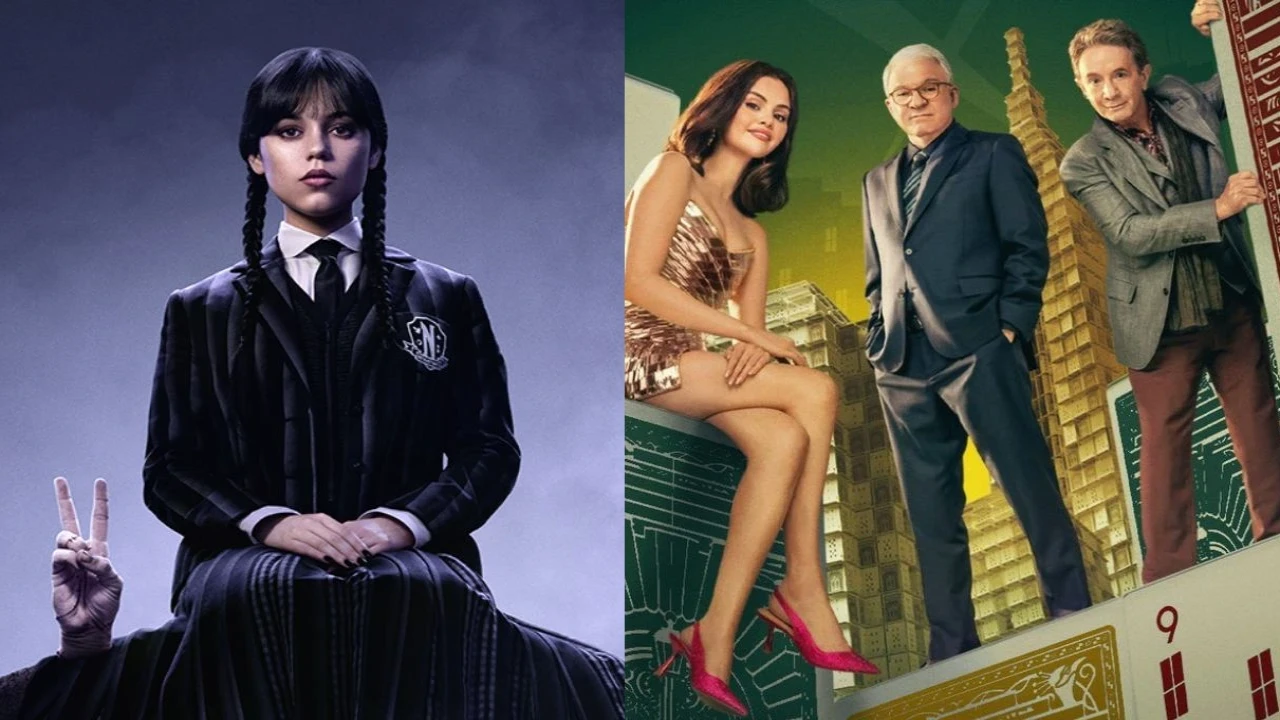 Wednesday Season 2 Part 2 poster: courtesy of Netflix, Only Murders in the Building Season 5 poster: courtesy of Hulu