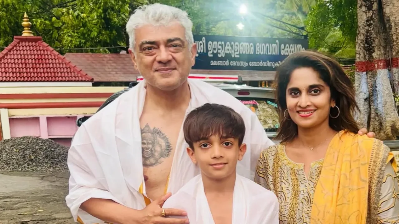 Ajith Kumar flaunts his spiritual tattoo for 1st time in temple visit with wife Shalini and son Aadvik