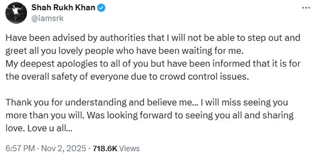 Shah Rukh Khan skips Mannat's balcony tradition on 60th birthday, citing safety concerns: "My deepest apologies": Bollywood News - IHNS Shah Rukh Khan skips Mannat's balcony tradition on 60th birthday citing security concerns: