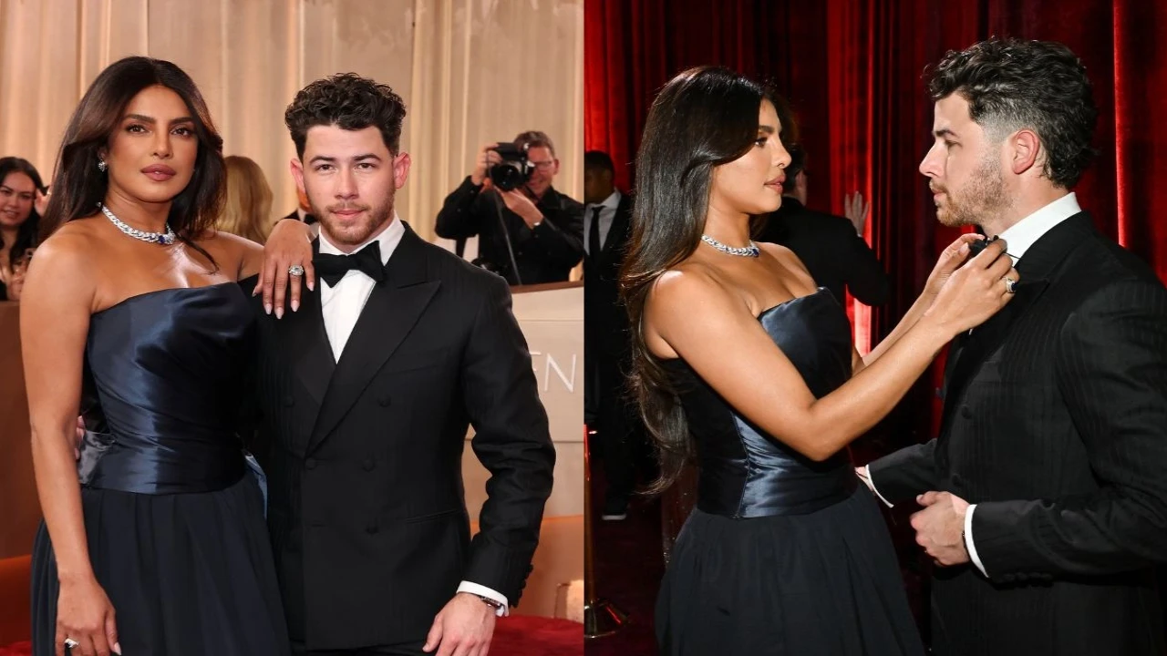Golden Globe Awards 2026: Priyanka Chopra fixes Nick Jonas' tie on the red carpet, looks in strapless blue Dior gown