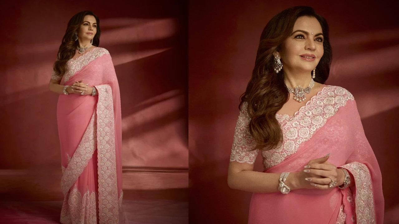 Mrs. Nita Mukesh Ambani in Abu Jani, Sandeep Khosla's pink Burano saree