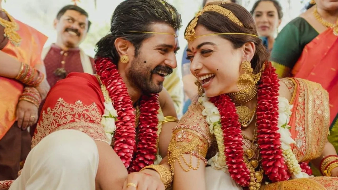 In the first pictures, Vijay Deverakonda and Rashmika Mandanna look very much in love as bride and groom. Rashmika Mandanna and Vijay Deverakonda: courtesy of Rashmika Mandanna, Vijay Deverakonda's Instagram