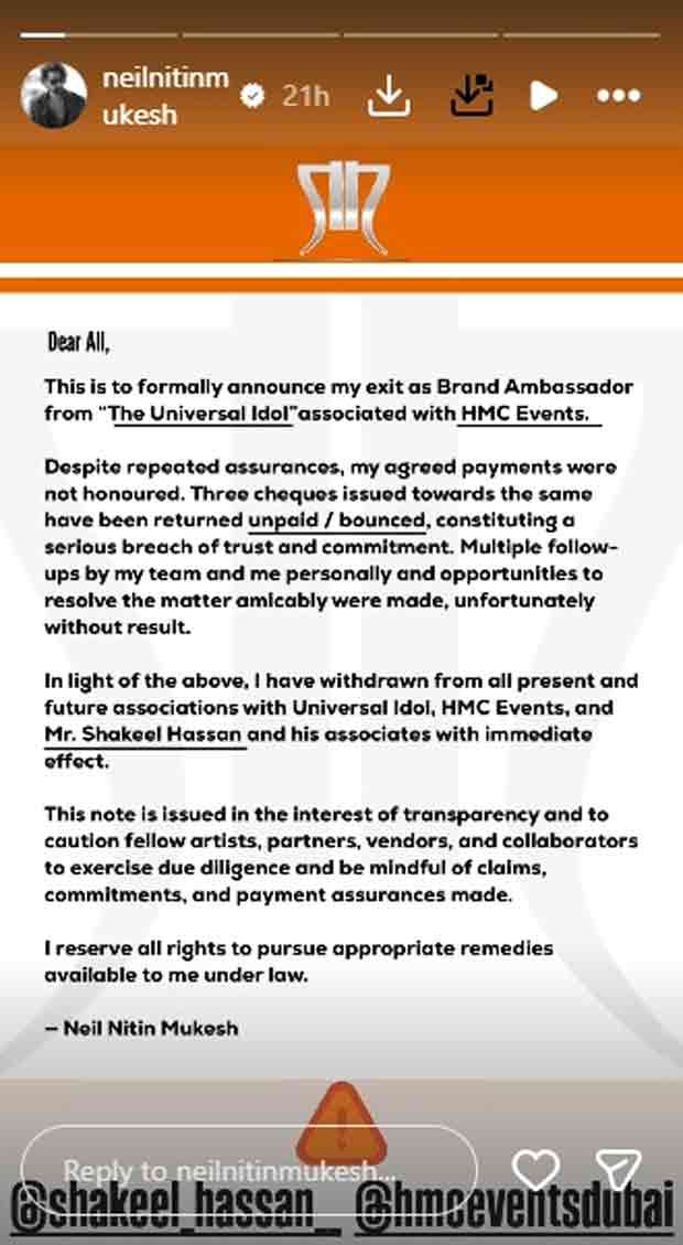 Neil Nitin Mukesh resigns as Universal Idol's brand ambassador over non-payment: "Serious breach of trust and commitment": Bollywood News - IHNS Neil Nitin Mukesh resigns as Universal Idol brand ambassador over non-payment: