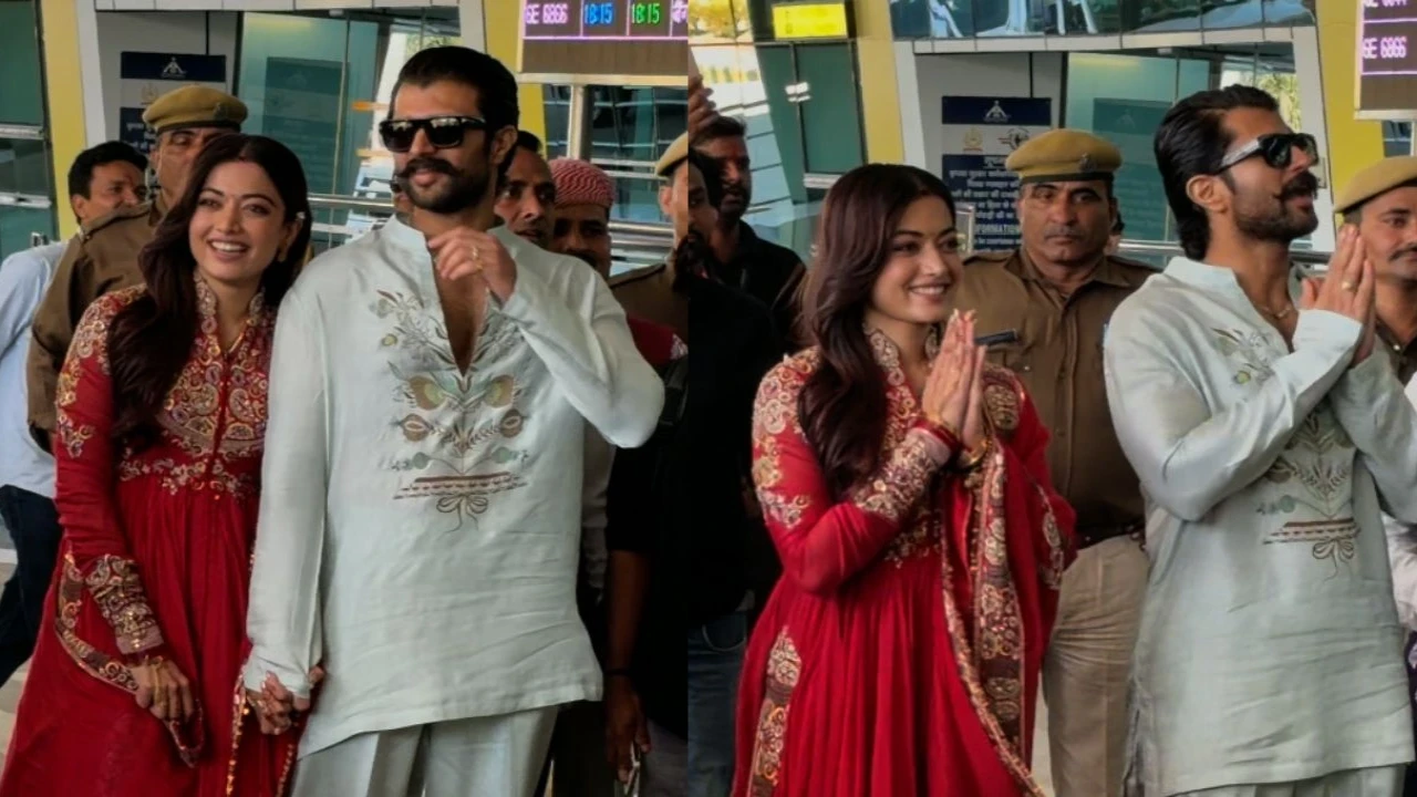 Newlyweds Vijay Deverakonda, Rashmika Mandanna walk hand in hand at Udaipur airport after their wedding. Vijay Deverakonda and Rashmika Mandanna