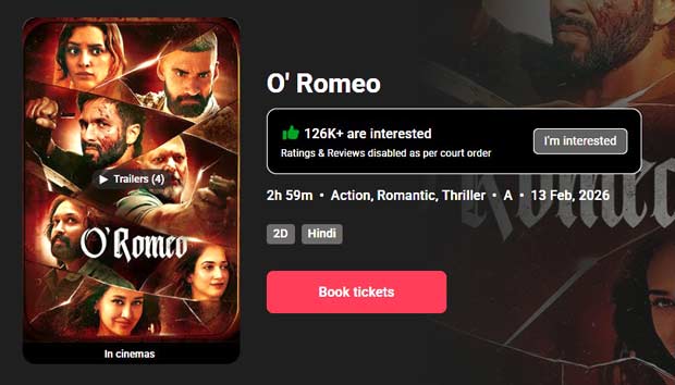 O'Romeo's ratings and reviews disabled on BookMyShow after court order O'Romeo's ratings and reviews disabled on BookMyShow following court order