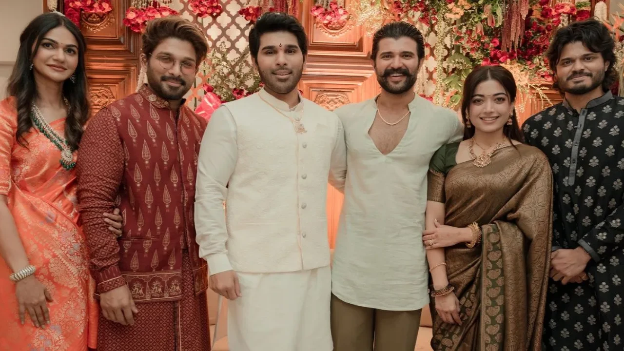 Newlyweds Vijay Deverakonda and Rashmika Mandanna grace Allu Sirish's groom's ceremony, meet Allu Arjun; Picture Newlyweds Vijay Deverakonda and Rashmika Mandanna grace Allu Sirish's bridegroom ceremony, catch up with Allu Arjun; PICS