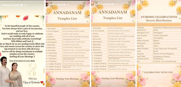 Rashmika Mandanna after Virosh wedding, Vijay Deverakonda to host Annadanam in 16 temples across India: "This will make us really happy" Rashmika Mandanna, Vijay Deverakonda host Annadanam in 16 temples across India after Virosh wedding: "This will make us really happy"