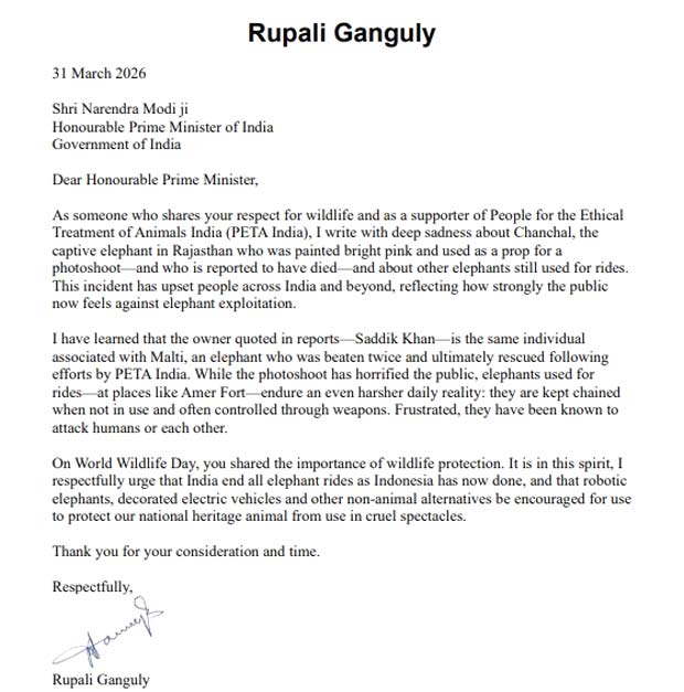 Rupali Ganguly writes to Narendra Modi urging him to ban elephant riding after pink elephant photoshoot controversy After the pink elephant photoshoot controversy, Rupali Ganguly wrote a letter to Narendra Modi urging him to ban elephant riding.