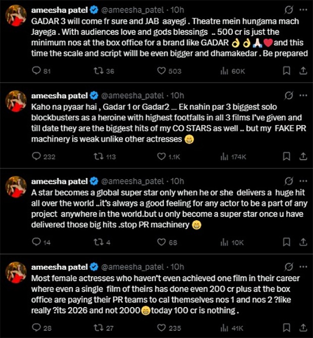 Ameesha Patel takes dig at "fake PR machinery" in series of explosive tweets; Claims actresses are calling themselves stars without a single blockbuster Ameesha Patel in a series of explosive tweets