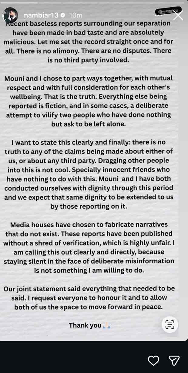 Sooraj Nambiar denies rumors of his separation with Mouni Roy: "No alimony, no dispute, no third party involved" Sooraj Nambiar refutes rumors of his separation with Mouni Roy: