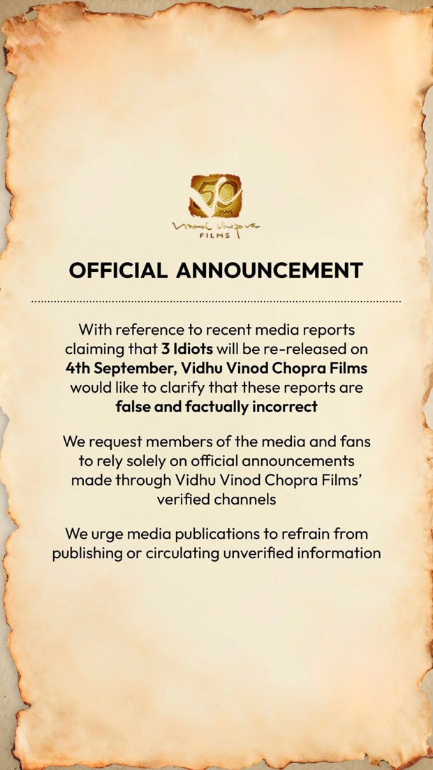 Vidhu Vinod Chopra Films says 3 Idiots is not re-releasing on September 4 Vidhu Vinod Chopra Films says 3 Idiots is not re-releasing on September 4